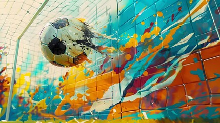 Soccer Ball in Goal. Multicolor Background. 