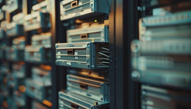 Data storage array  cluster of hard drives in server room, technology concept photo