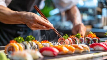 Sushi chef's table with fresh sashimi, sushi rolls, and chopsticks