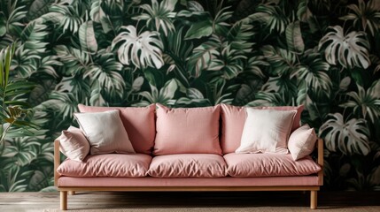 A pastel pink couch adorned with white cushions is set against a leafy green wallpaper, creating a fresh and tropical ambiance in a modern living space.