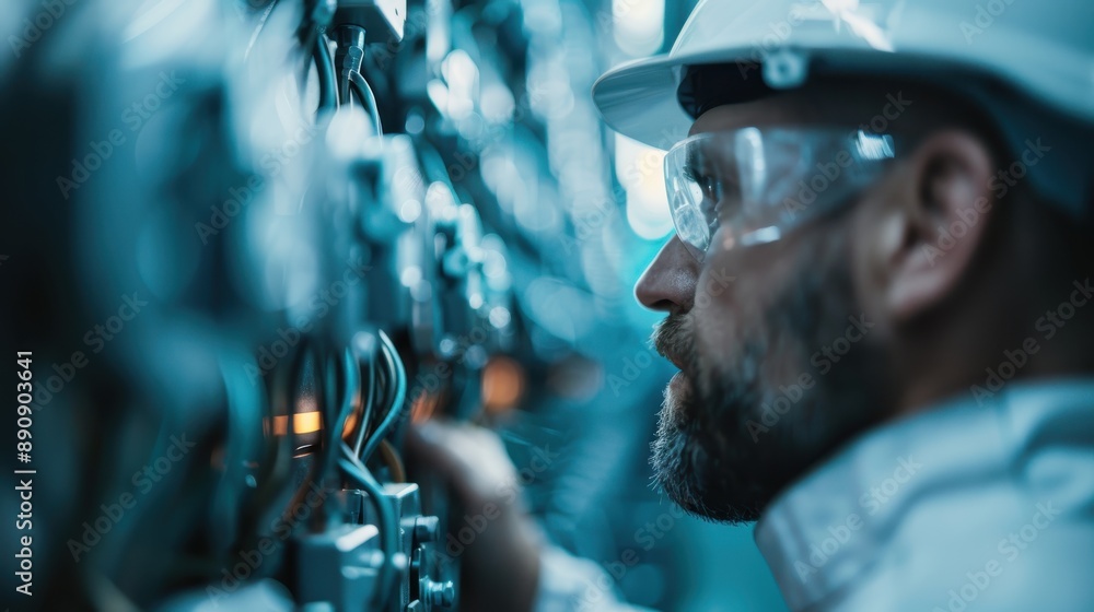Poster a technician wearing a safety helmet operates intricate machinery in a dimly lit environment, focusi