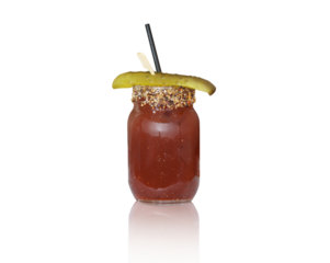 Isolated Caesar cocktail with pickle in mason jar. Also known as Bloody Mary or Bloody Caesar. Cocktail with vodka and tomato juice. White background.