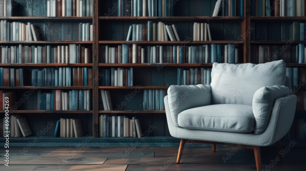 Poster a comfortable, modern armchair sits in front of extensive bookshelves filled with books, creating a 