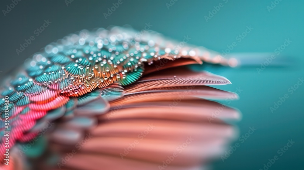 Poster a close-up of a feather displaying vibrant colors and intricate patterns, blending artistic style wi