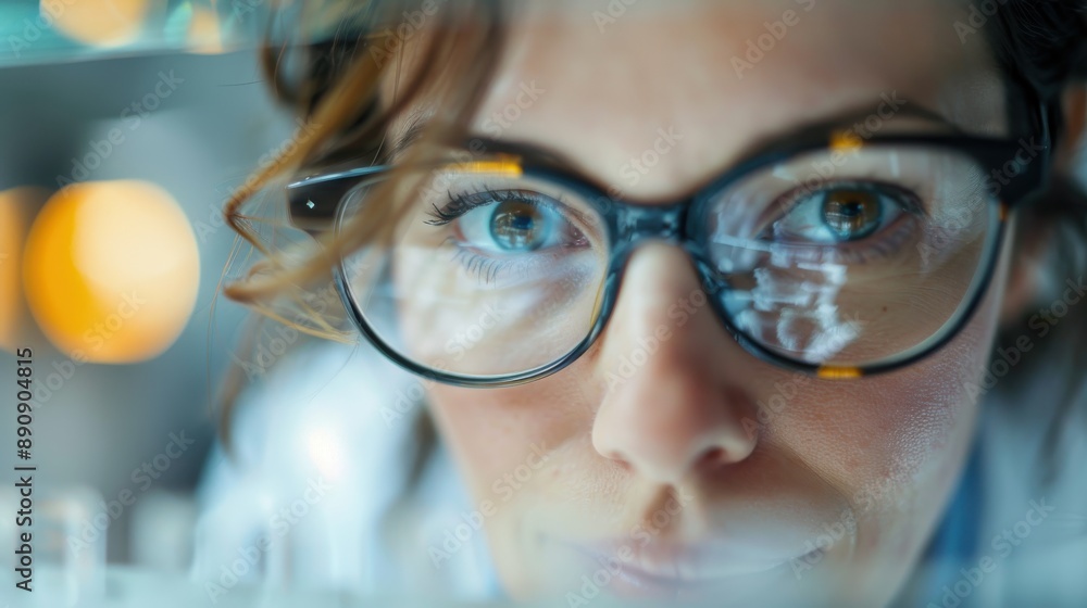 Poster an intricate close-up of a scientist focusing intensely through a microscope, with a blurred backgro