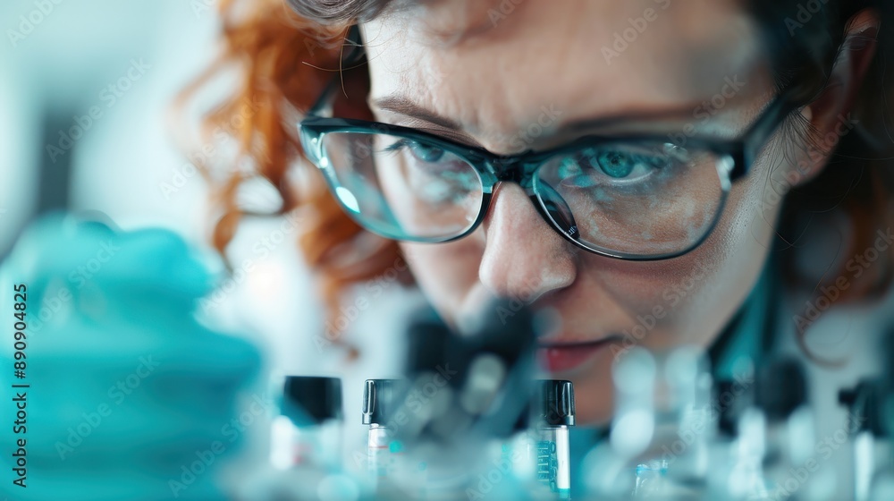Poster detailed image with a focus on a scientist's intense concentration, characterized by the sharp clari