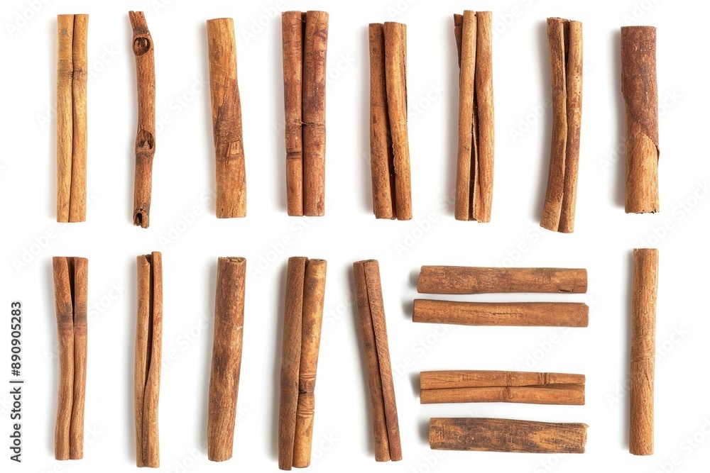 Poster a collection of cinnamon sticks arranged neatly on a white background