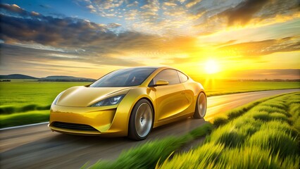 Yellow sports car driving fast on a country road at sunset