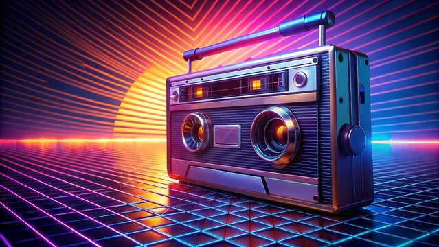 Vintage boombox sitting on neon grid background with sunset - Powered by Adobe