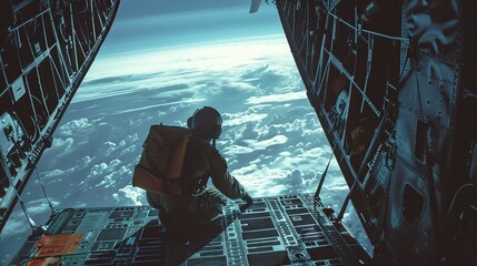 Secured with a harness, an Air Crew Officer leans out the open cargo door of a transport plane, overseeing the airdrop of supplies to a remote location.