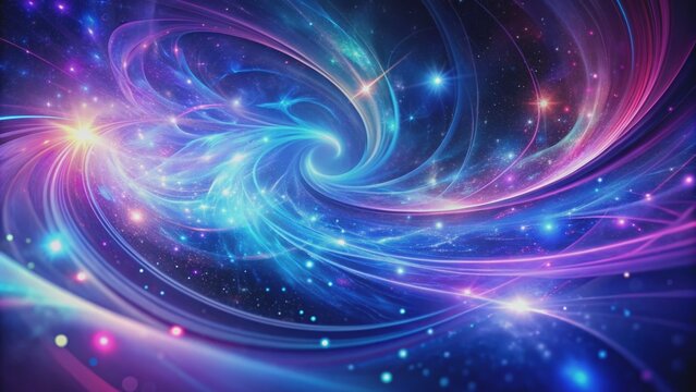 Vibrant purple and blue hues swirl together in an ethereal abstract background, evoking the mystical and mysterious, with shimmering light trails and cosmic patterns.