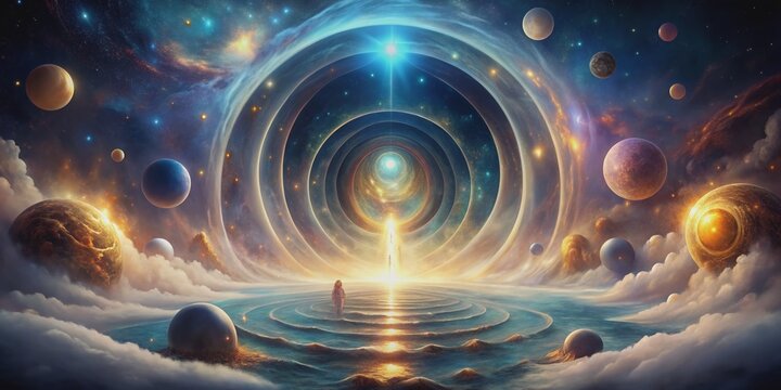 Ethereal portal swirls in a mystical vortex, surrounded by glowing orbs, luminescent mist, and celestial bodies, beckoning transcendence to an otherworldly realm.