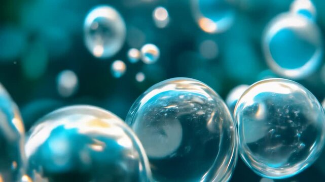 Soap foam with bubbles fly and burst on blue background. Detergent foam bubble on water, soap sud. Face cleansing mousse smudge, shower gel, hair shampoo foam smear texture. Beauty, clean and laundry