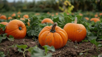 Ripe orange pumpkins nestled in a field of green foliage.