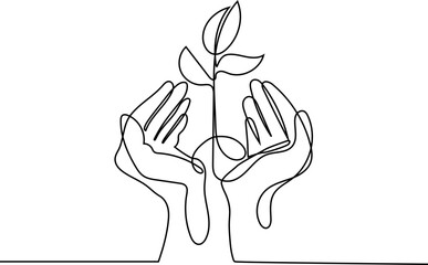 Hands hold leaves branch continuous line drawing. Plant in human arms one line art. Vector illustration isolated on white