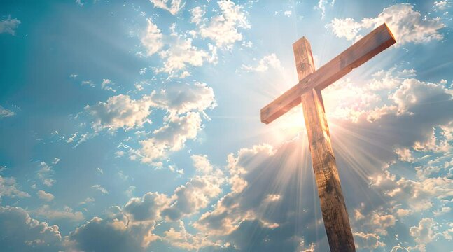 Wooden cross in the sky with clouds and sun rays, Easter theme background.