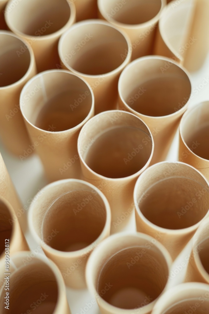 Poster empty brown cups stacked on a table surface, ideal for editorial use in lifestyle or still life phot