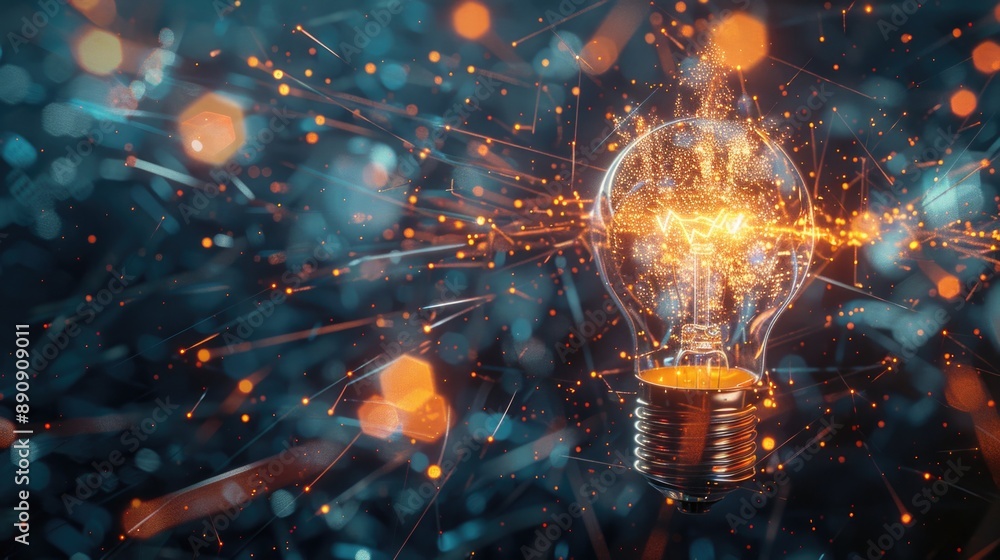 Poster a bright light bulb emitting sparks and tiny dots, ideal for use in illustrations about innovation, 