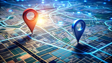 Gps pins showing location on digital map of city