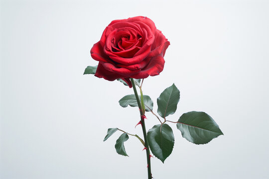 Solitary Red Rose: A single, vibrant red rose stands tall against a soft, white background, its petals unfurling in a delicate dance of beauty and grace. The bloom, a symbol of love, passion, and devo