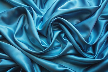 Fototapeta premium Luxurious blue silk fabric with intricate folds and subtle sheen, draped elegantly across a plain background, showcasing its smooth texture and vibrant color tone.