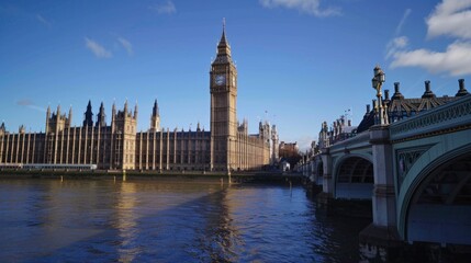 Fototapeta premium Scenic view of the iconic Big Ben and Houses of Parliament along the Thames River. The historical architecture of London under a clear blue sky. Perfect for travel and cityscape themes. AI