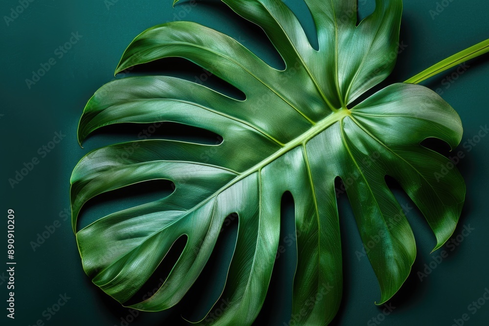 Poster a single large green leaf sits on a green surface, with intricate veins and texture