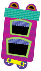 Cartoon funny looking train wagon going through the meadow illustration for children