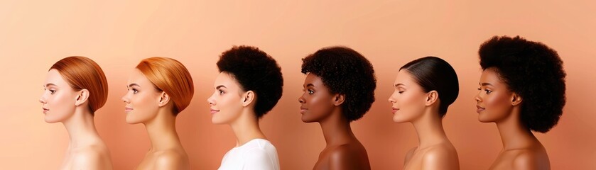 Diverse group of women with different hairstyles and skin tones, posing against a peach background, representing beauty and diversity.
