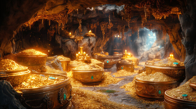 An underground cave filled with hidden gold treasures