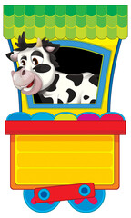 Cartoon funny looking train wagon with farm animal going through the meadow illustration for children
