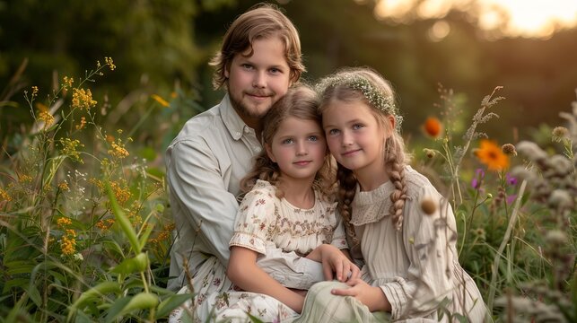 A serene image of three siblings sitting close together on a field, surrounded by blooming flowers, capturing the warmth and love in a peaceful outdoor setting.