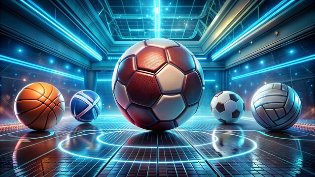 Different sports balls are standing on the illuminated floor of a futuristic sports arena - Powered by Adobe