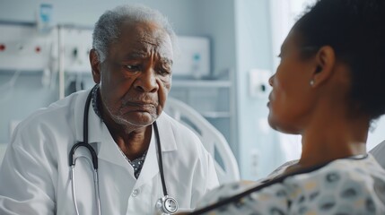 An elderly doctor is showing deep care and concern for a patient while conferring in a hospital room, exemplifying the nurturing and professional essence of medical practice.