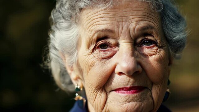 The tranquility in her eyes reflects a serene acceptance of the passing years and natural aging process.