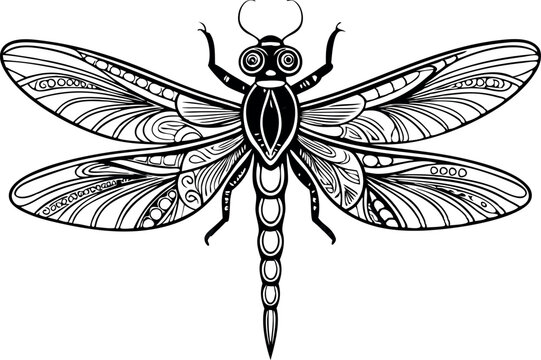 Beautiful black and white dragonfly illustration with intricate patterns on wings and body. Perfect for coloring books, tattoo designs, or art projects.