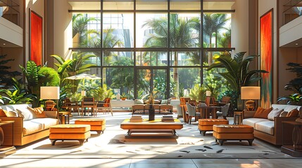 Fototapeta premium Professional networking event flyer depicting an open area atrium with modern furnishings and plants with a writing space on the right side for event information and network wishes