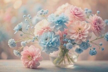 Soft focus captures an enchanting still life arrangement of pale pink and baby blue blooms against a gentle, creamy background, exuding peacefulness and tranquility.