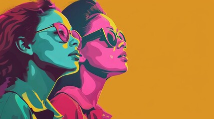 A vibrant, abstract portrait featuring two women in sunglasses against a bold, orange background, capturing a sense of modernity, style, and youthful energy.