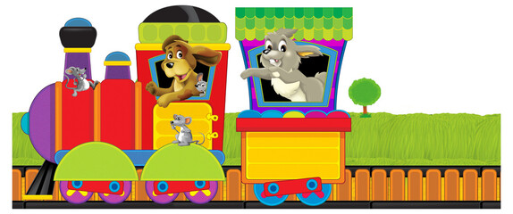 Cartoon funny looking train wagon and locomotive with farm animal going through the meadow illustration for children