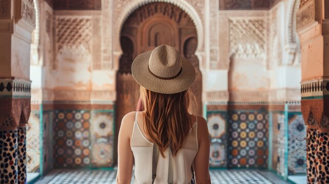 A tourist, with a straw hat, stands in awe while admiring the intricate and ornate architectural details of a historic building in Morocco, exuding a sense of wonder and cultural appreciation.