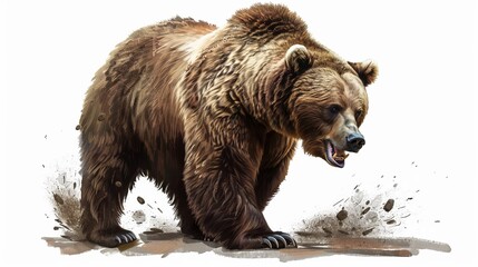 Obraz premium A powerful and majestic grizzly bear depicted in a dominating pose, showcasing its strength and presence on a grassy patch, symbolizing wilderness and vitality.