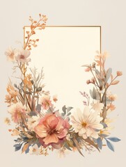 Minimalist watercolor frame with flowers and a gold square on a white background.