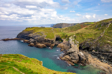 Tintagel Cornwall England, rugged landscape beside Tintagel Island and the Celtic Sea on the north Cornwall coastline,England