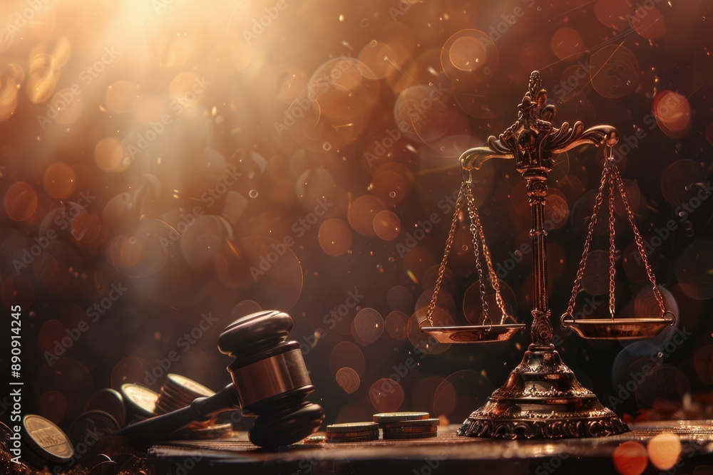 Poster a close-up shot of a judge's gavel resting on a wooden table, suitable for use in legal or courtroom