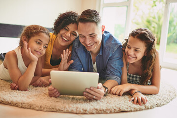 Tablet, video call and family waving in home for online communication, contact or networking. Connectivity, digital technology and children with parents for greeting on virtual conversation at house.