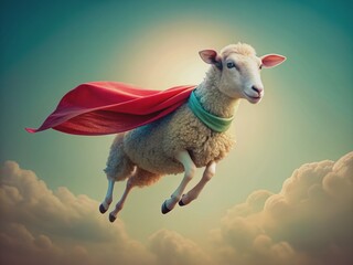 Whimsical flying sheep in vibrant superhero cape soars on a soft, gradient pastel background with ample space for text, conveying playful imagination and adventure.