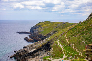 Tintagel Cornwall England, rugged landscape beside Tintagel Island and the Celtic Sea on the north Cornwall coastline,England