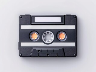Retro black cassette tape with orange reels on a gray background, evoking nostalgia and vintage music memories.