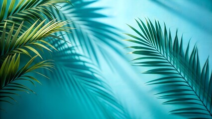 Fototapeta premium Tropical palm tree leaves casting shadows on vibrant blue background